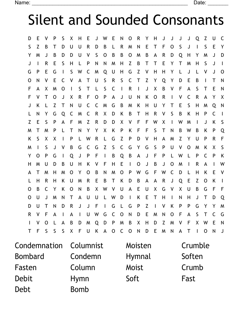 Silent and Sounded Consonants  Word Search