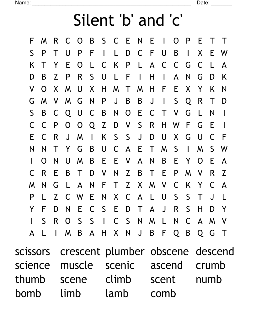 Silent 'b' and 'c'  Word Search