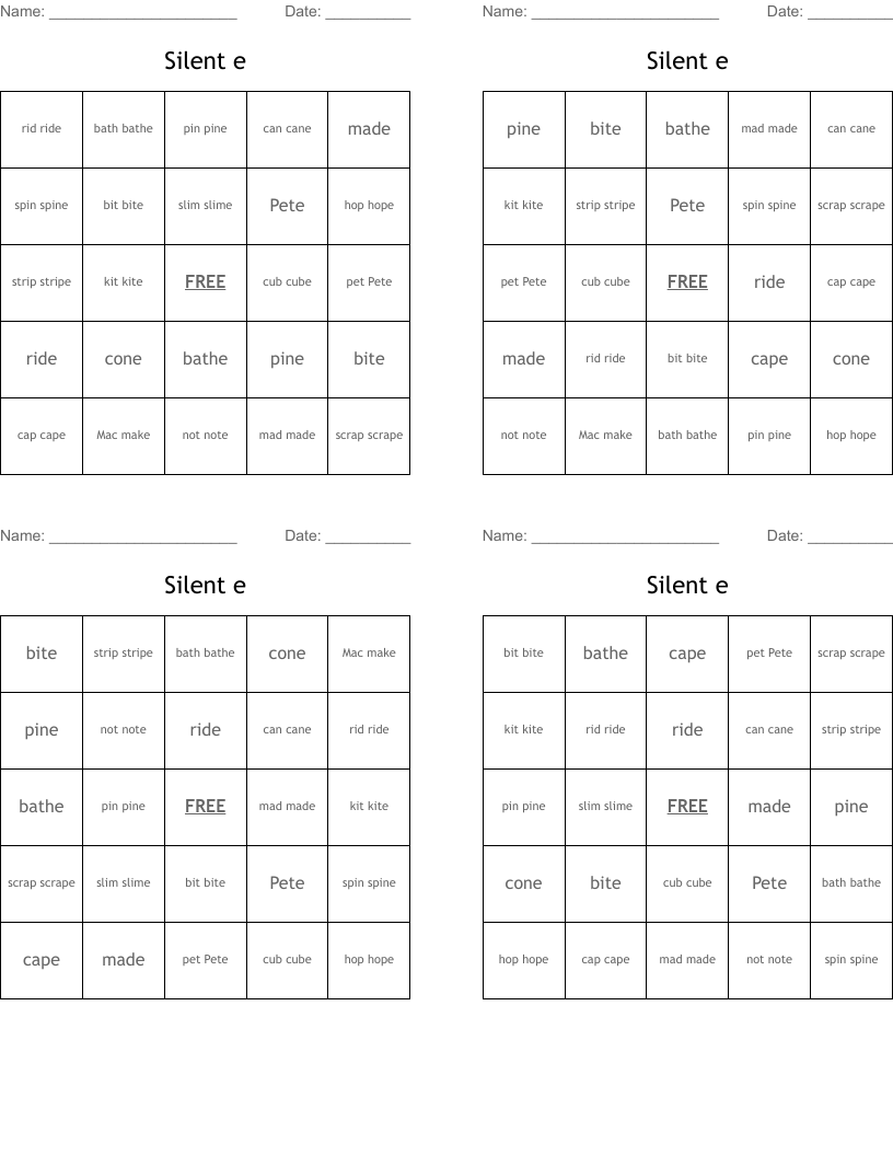 Silent e Bingo Cards