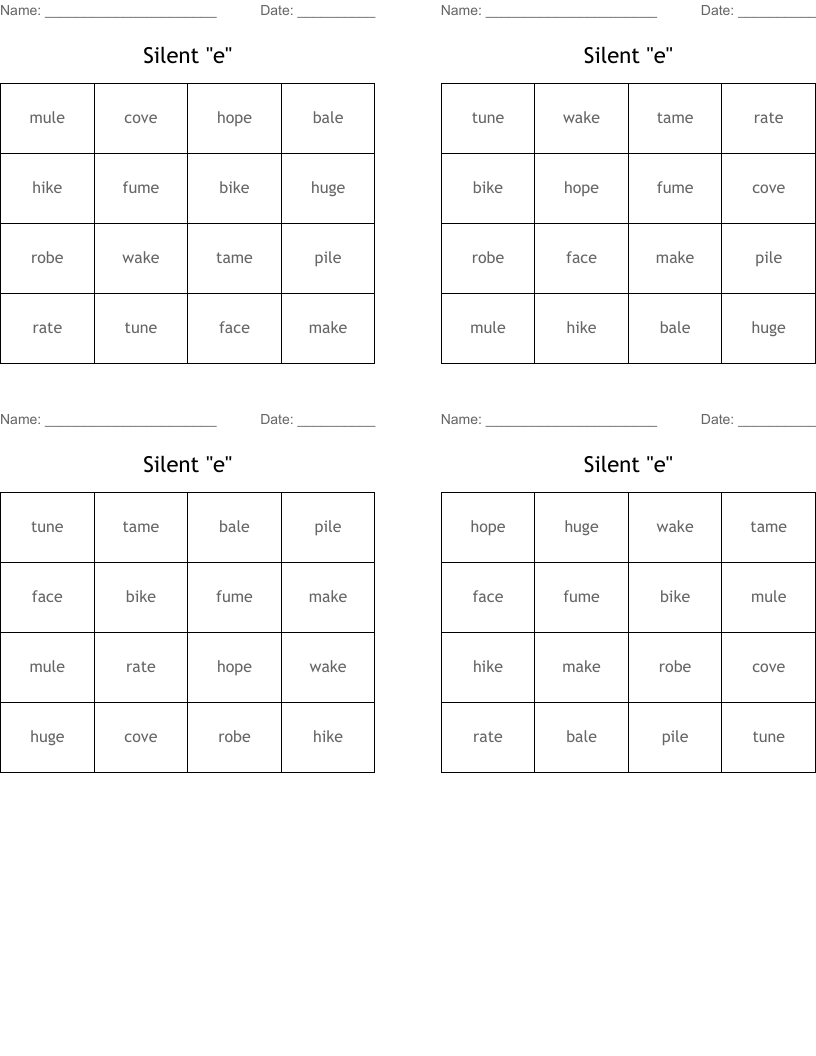 Silent "e" Bingo Cards