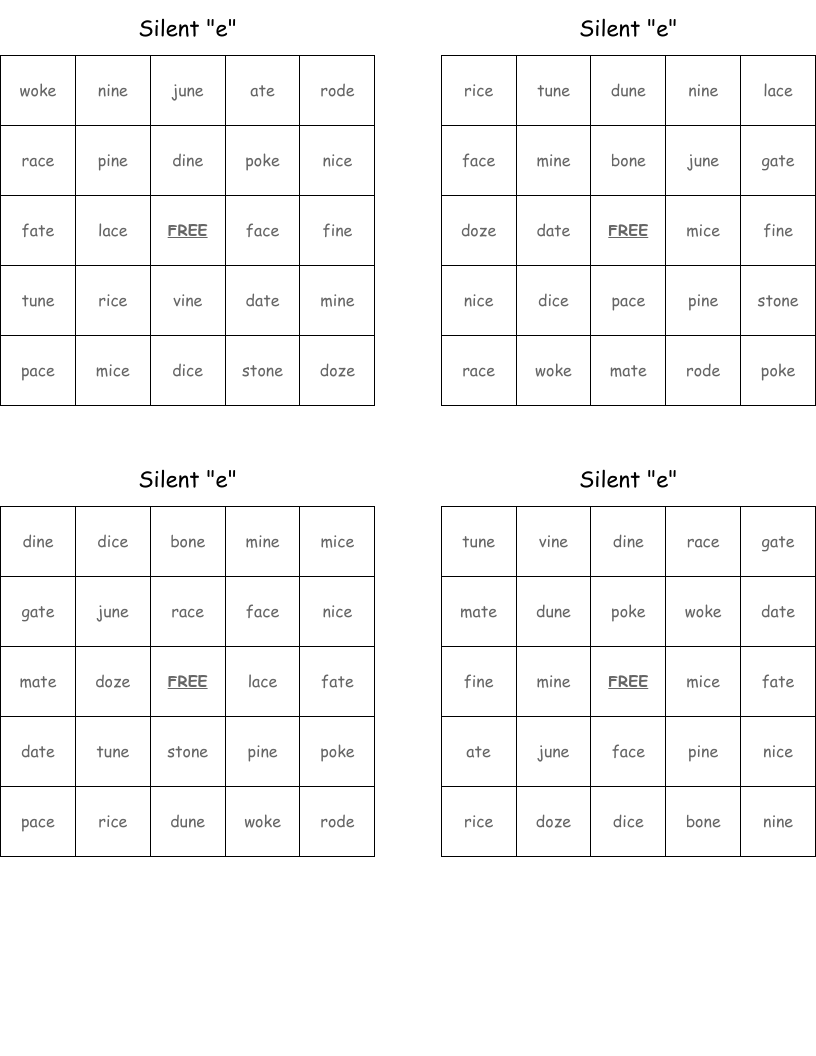 Silent "e" Bingo Cards