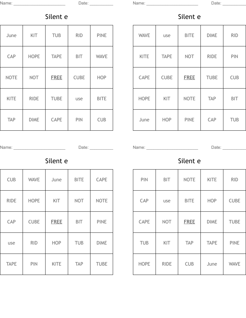 Silent e Bingo Cards