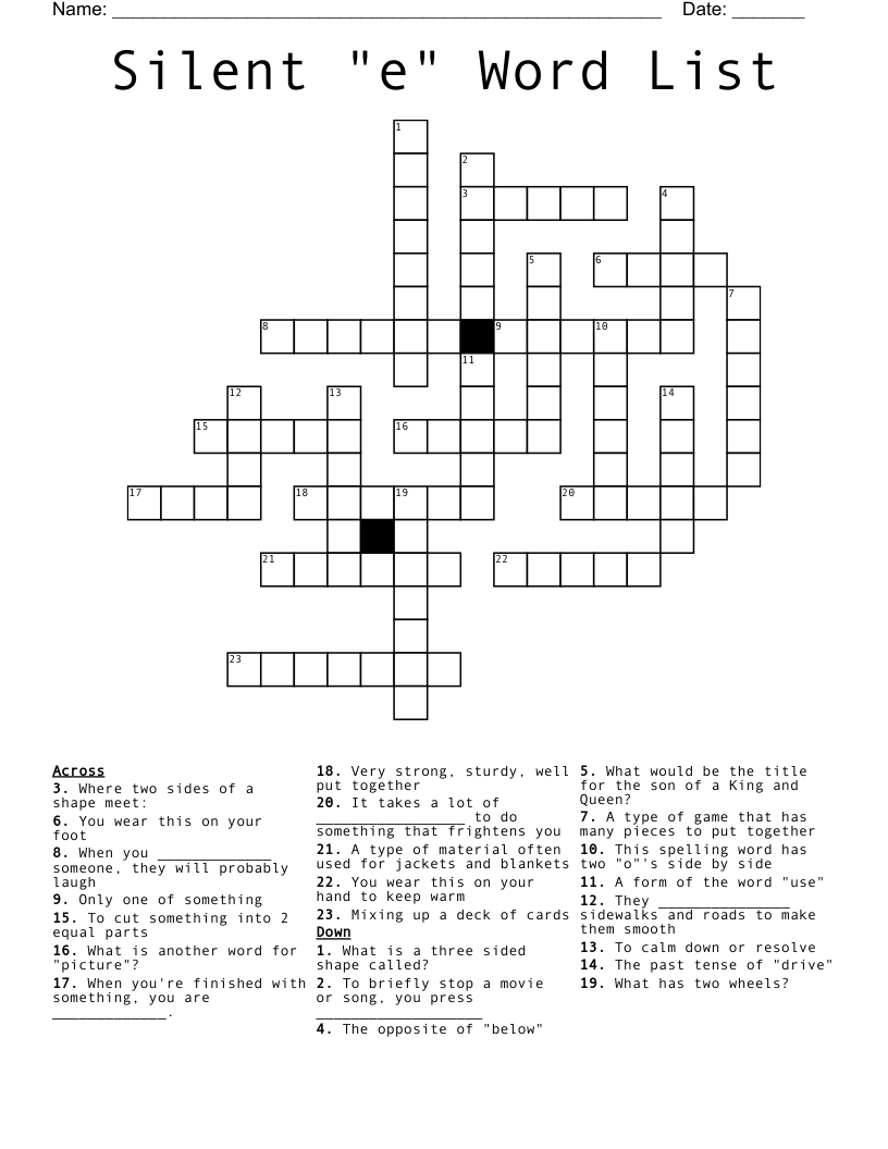 Silent "e" Word List Crossword