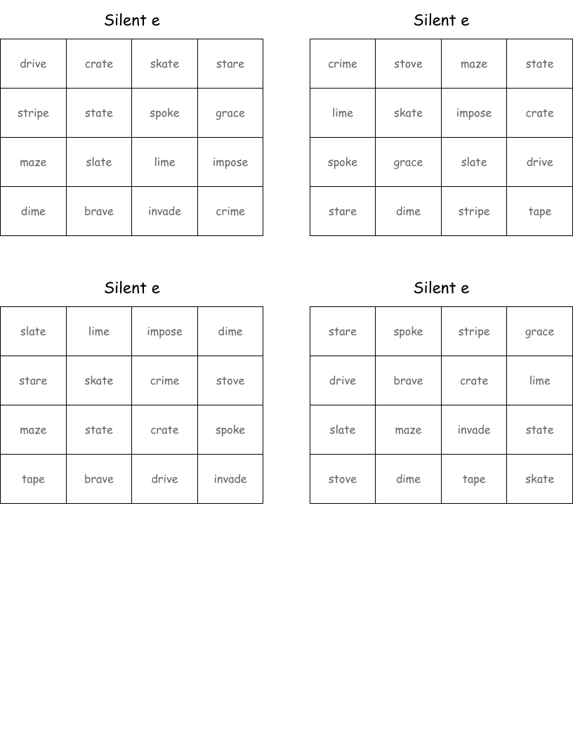 Silent e  Bingo Cards