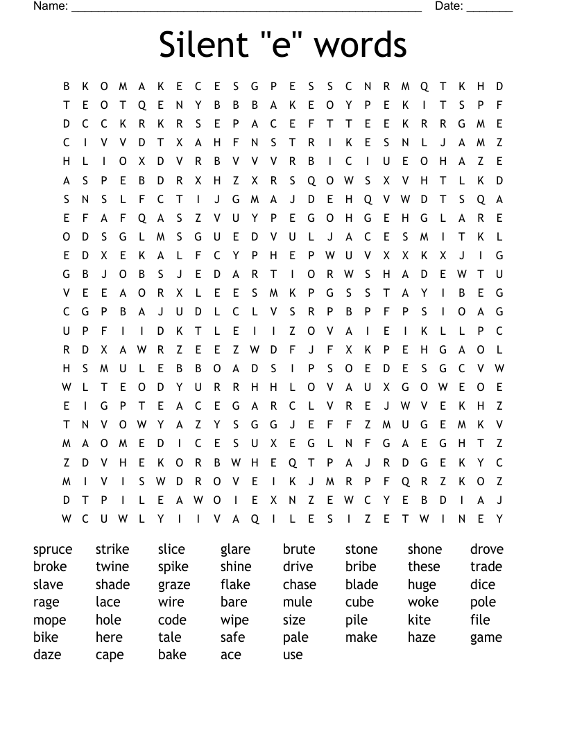 Silent "e" words Word Search