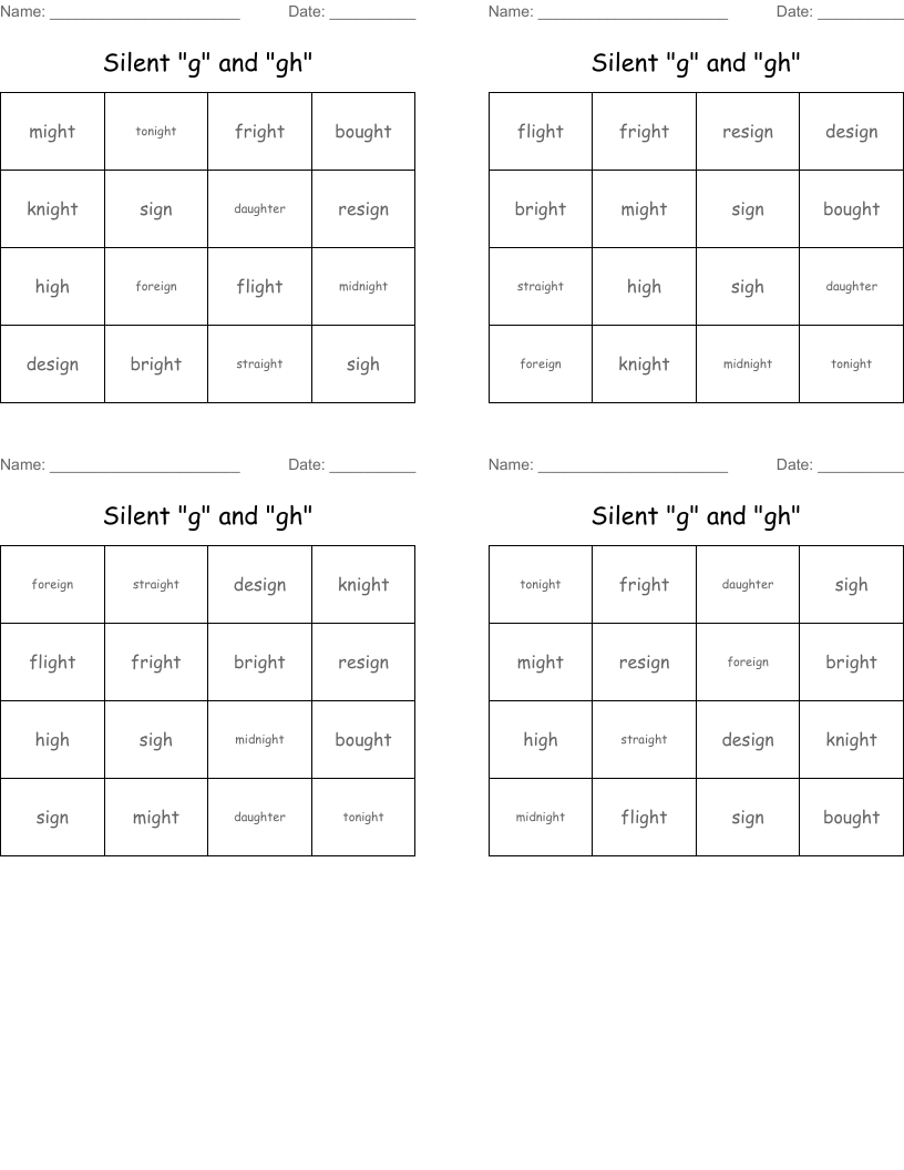Silent "g" and "gh" Bingo Cards