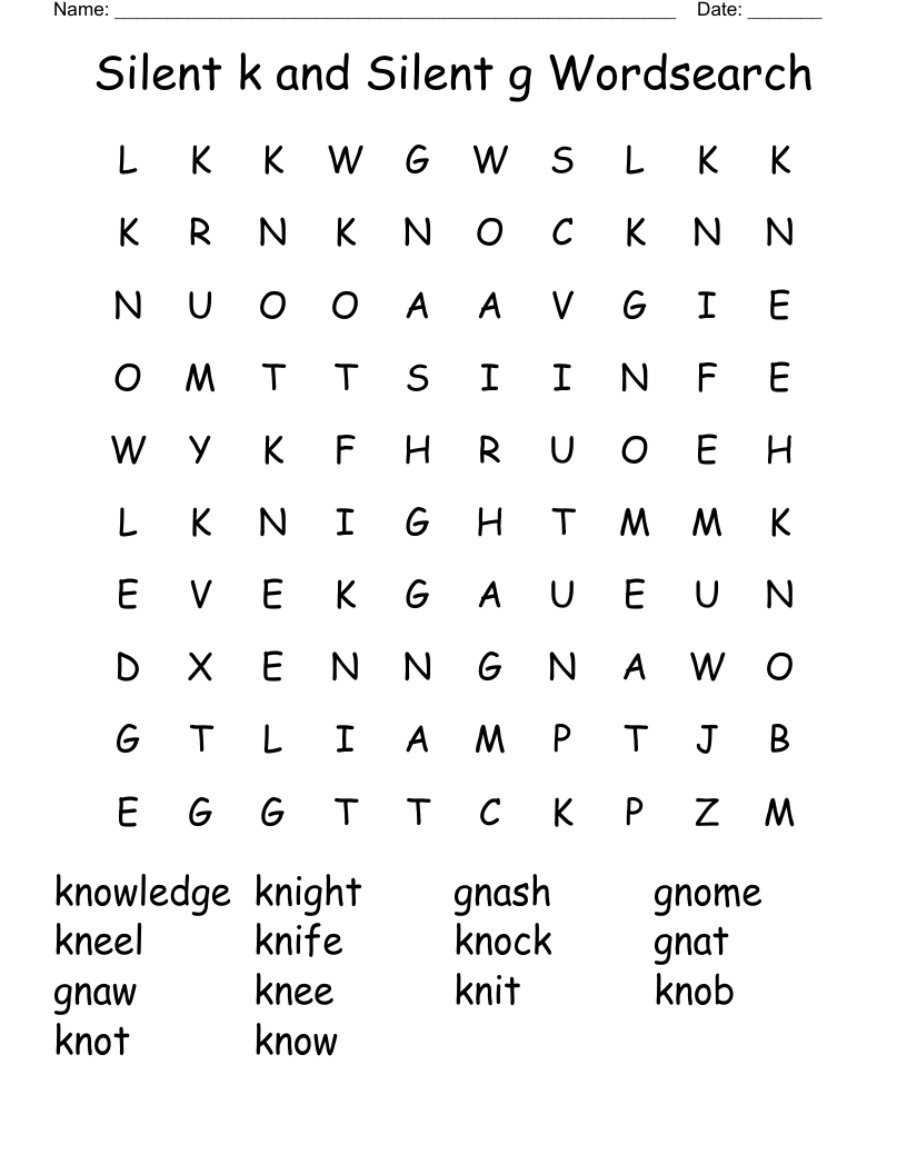 Silent k and Silent g Wordsearch