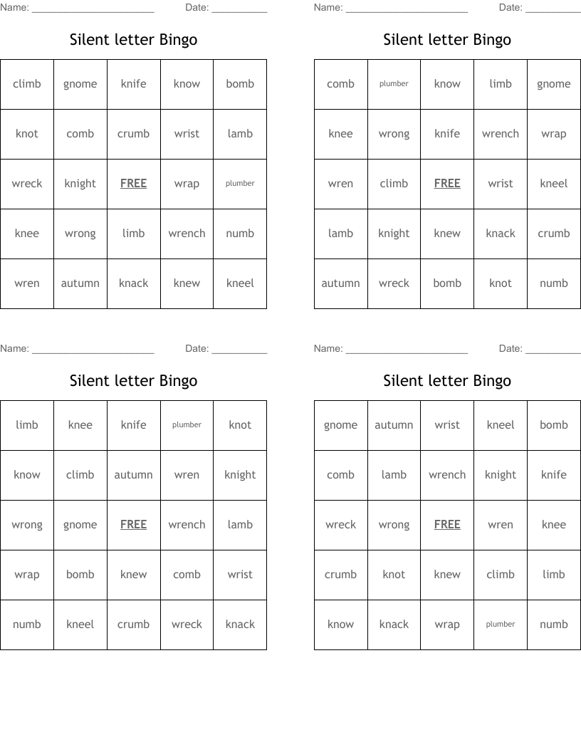 Silent letter Bingo