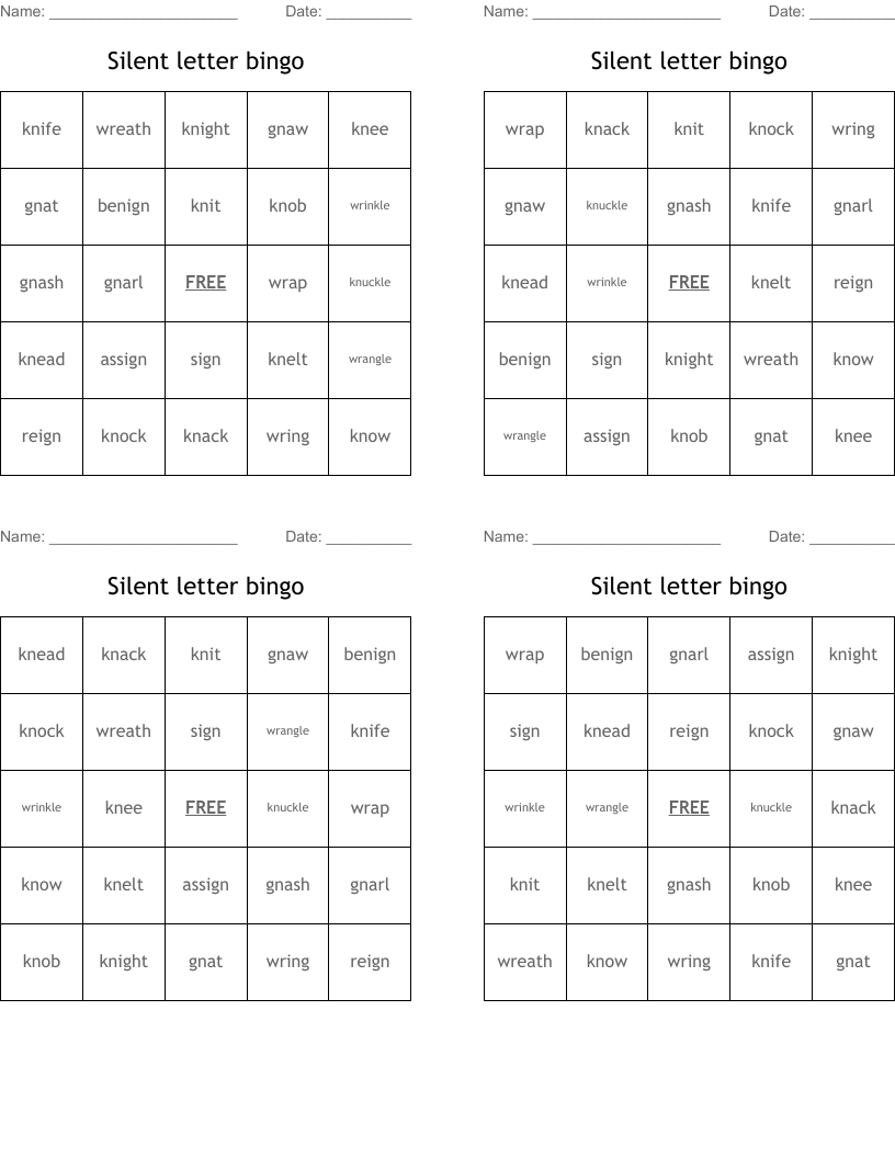 Silent letter bingo