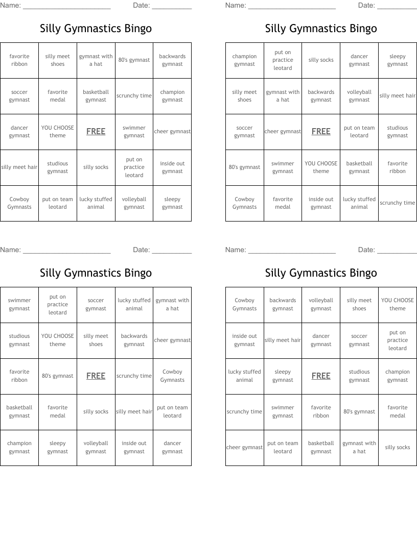 Silly Gymnastics Bingo