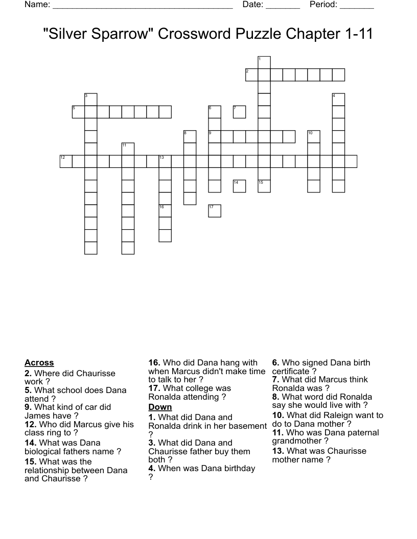 "Silver Sparrow" Crossword Puzzle Chapter 1-11