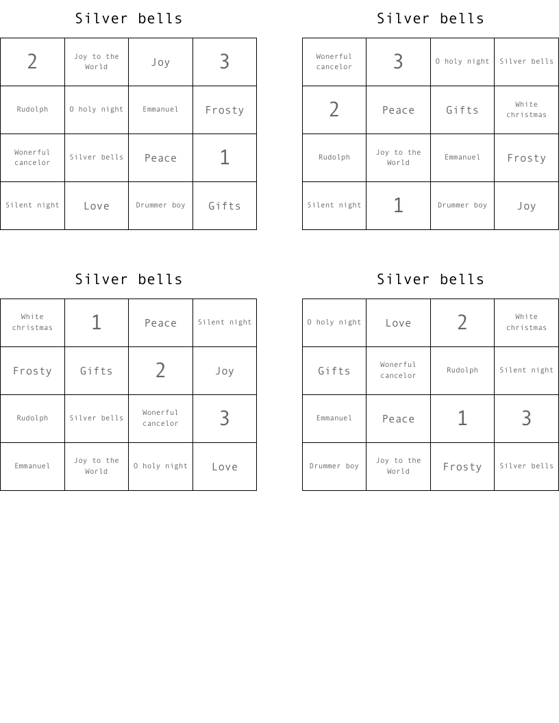 Silver bells Bingo Cards