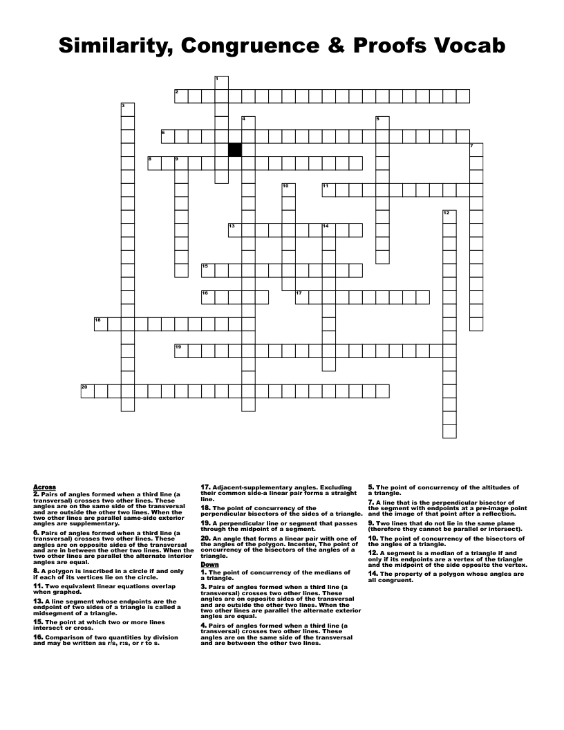 Similarity, Congruence & Proofs Vocab Crossword