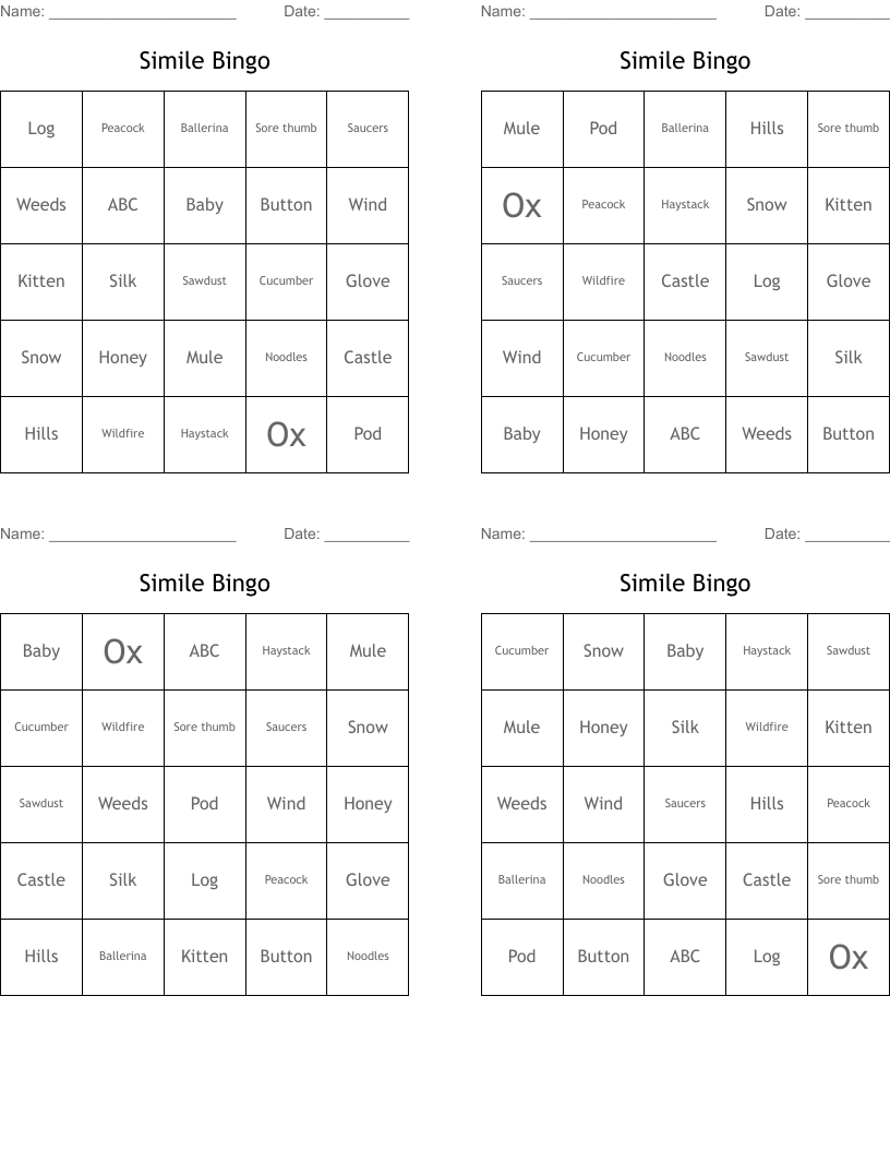 Simile Bingo