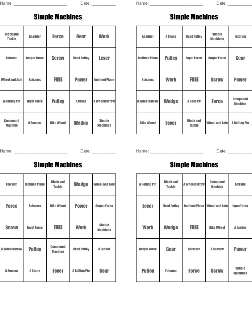 Simple Machines Bingo Cards