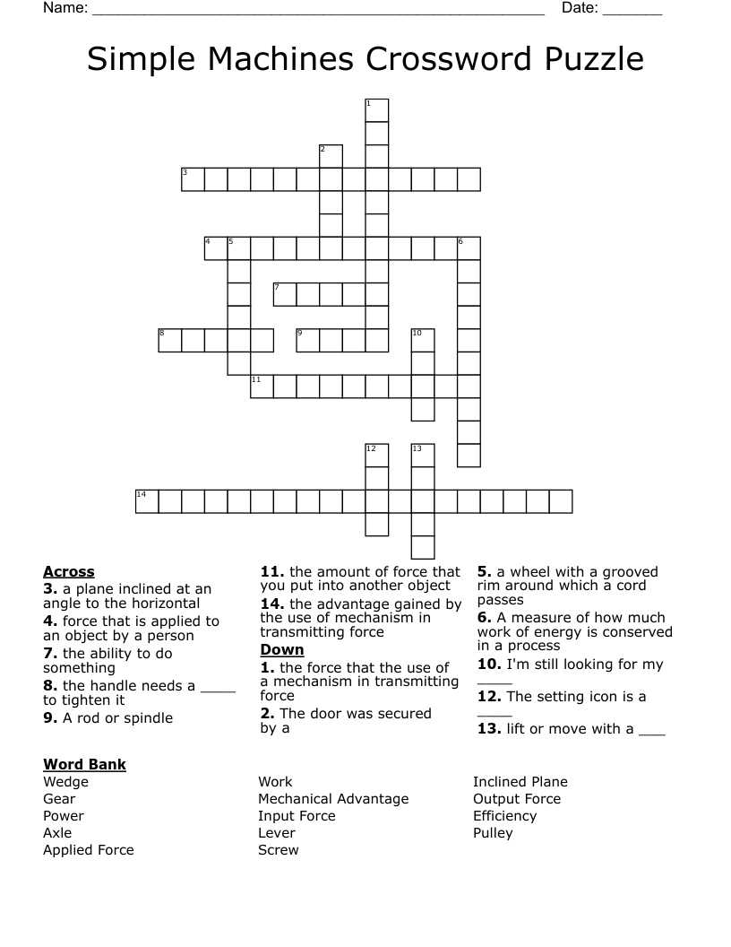 Simple Machines  Crossword Puzzle 