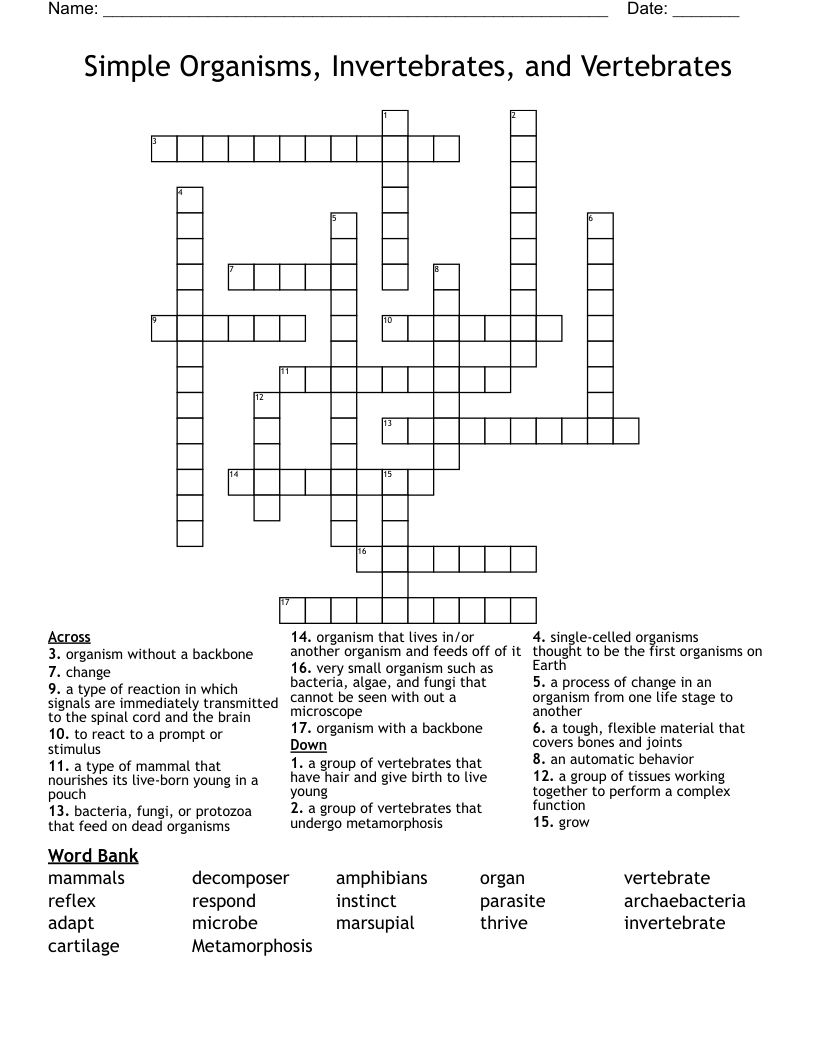 Simple Organisms, Invertebrates, and Vertebrates Crossword