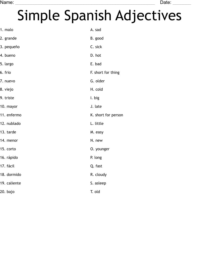 Simple Spanish Adjectives