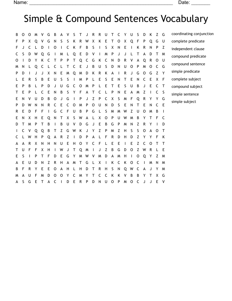 Simple & Compound Sentences Vocabulary Word Search