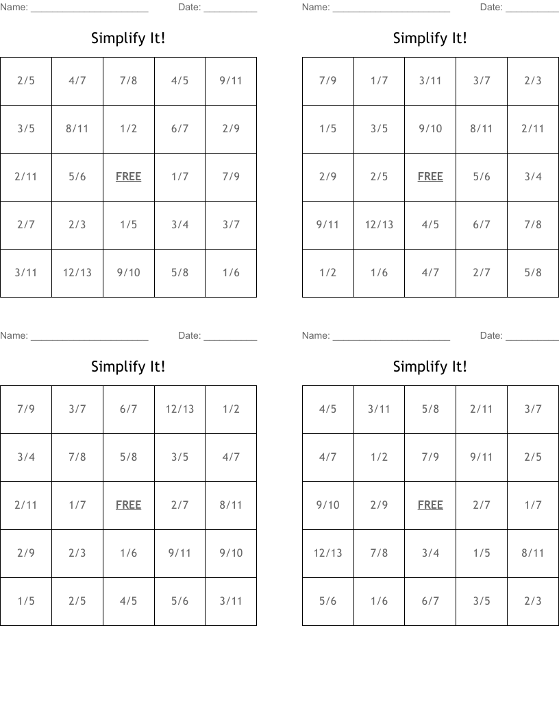 Simplify It! Bingo Cards