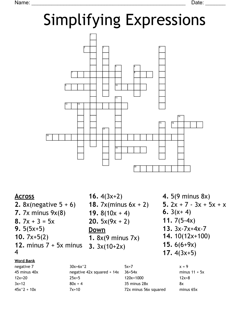 Simplifying Expressions Crossword