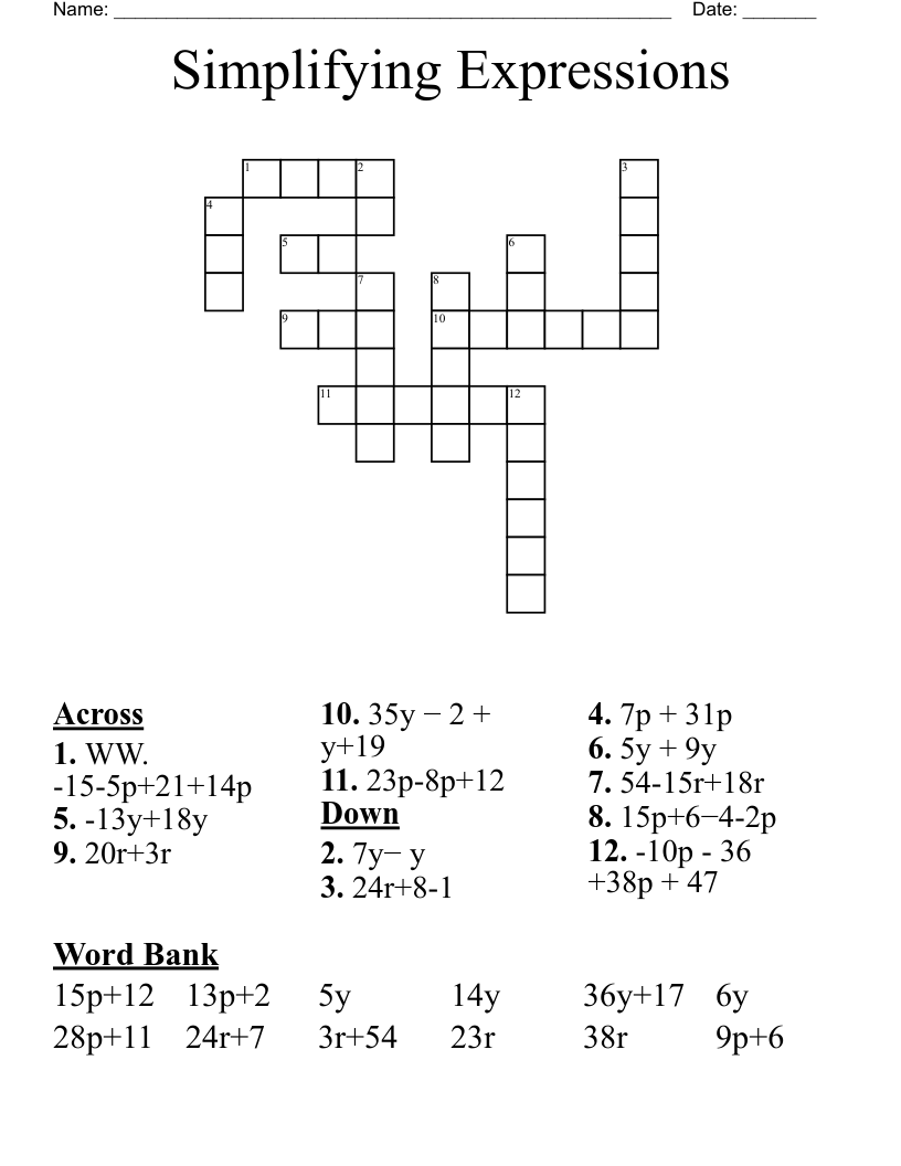 Simplifying Expressions Crossword