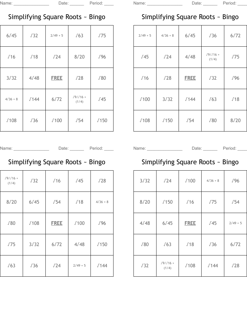Simplifying Square Roots ~ Bingo 