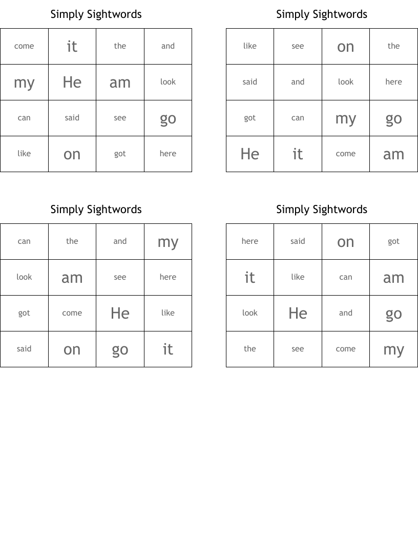 Simply Sightwords Bingo Cards