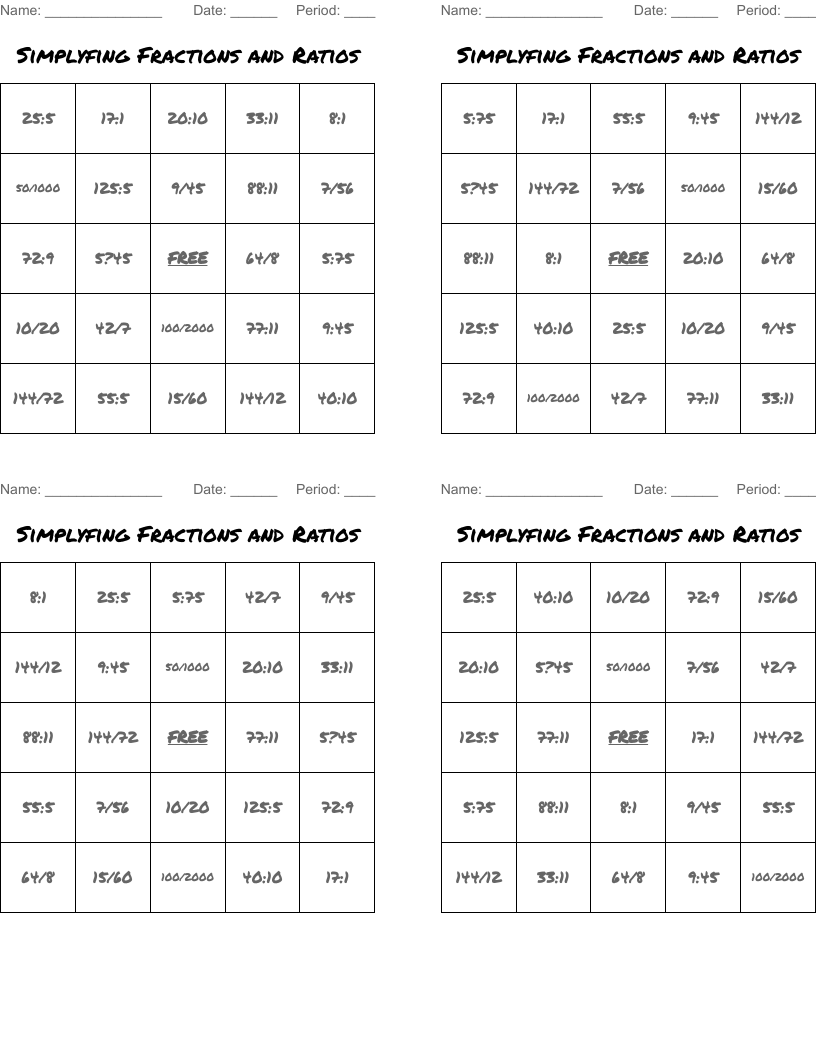 Simplyfing Fractions and Ratios Bingo Cards