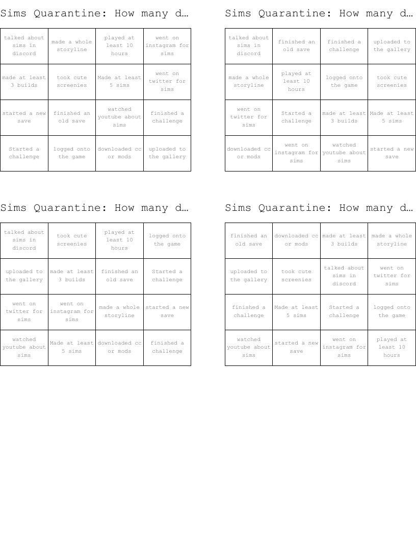 Sims Quarantine: How many did you check off? Bingo Cards
