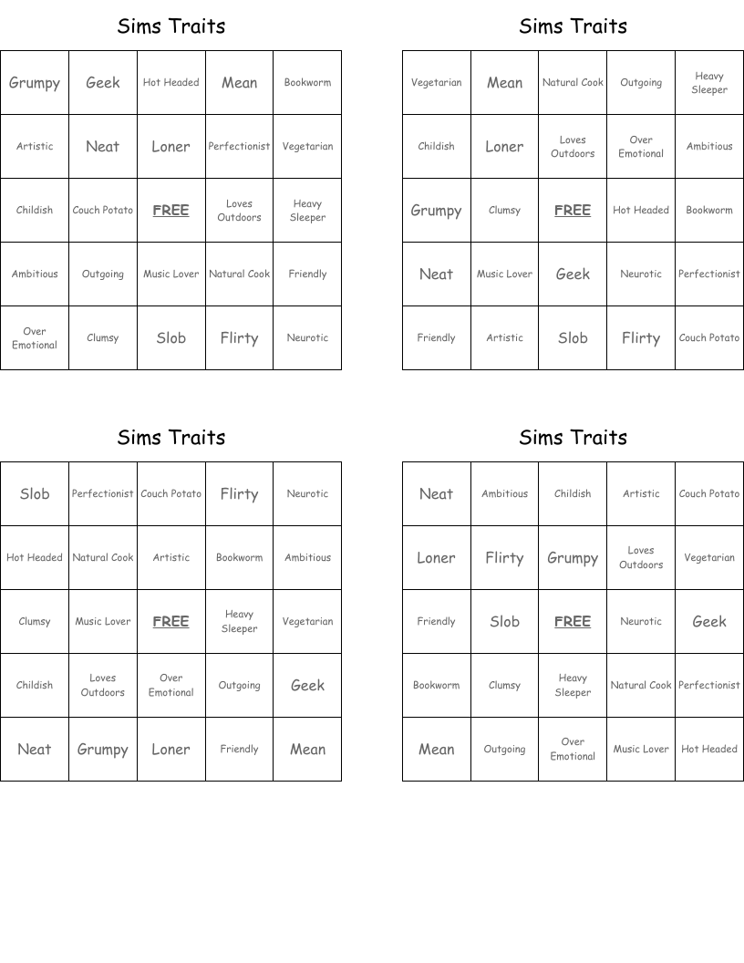 Sims Traits Bingo Cards