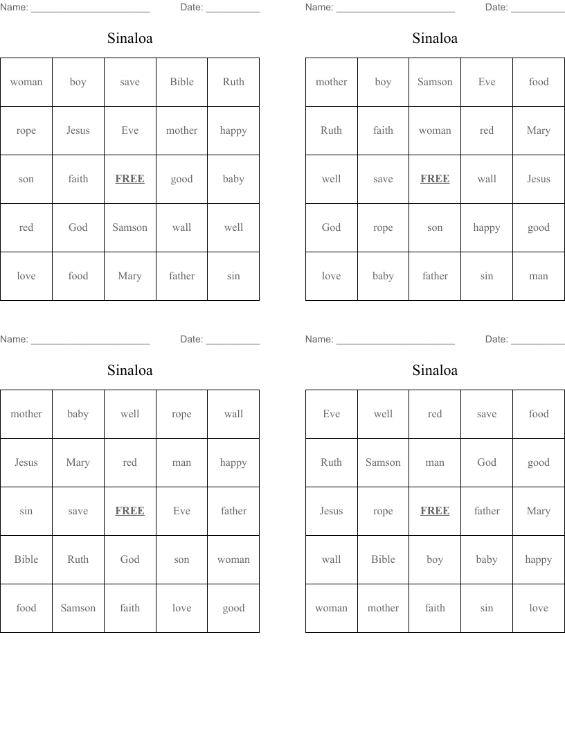 Sinaloa Bingo Cards