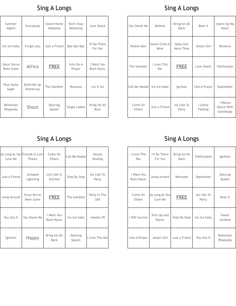 Sing A Longs Bingo Cards