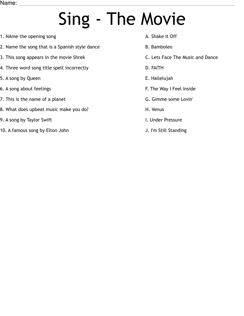 Sing - The Movie Worksheet