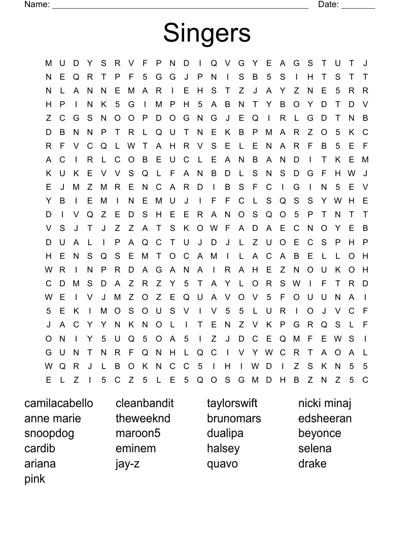 Singers Word Search