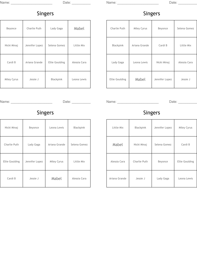 Singers Bingo Cards