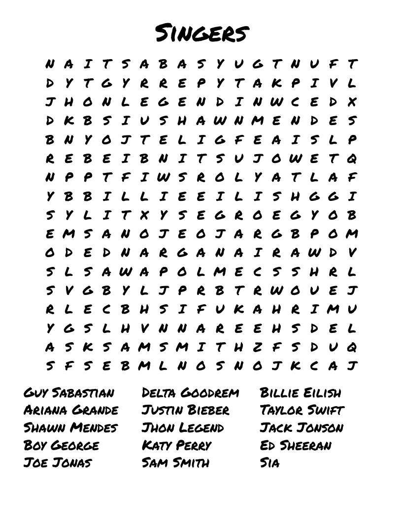 Singers Word Search