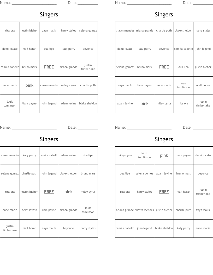 Singers Bingo Cards