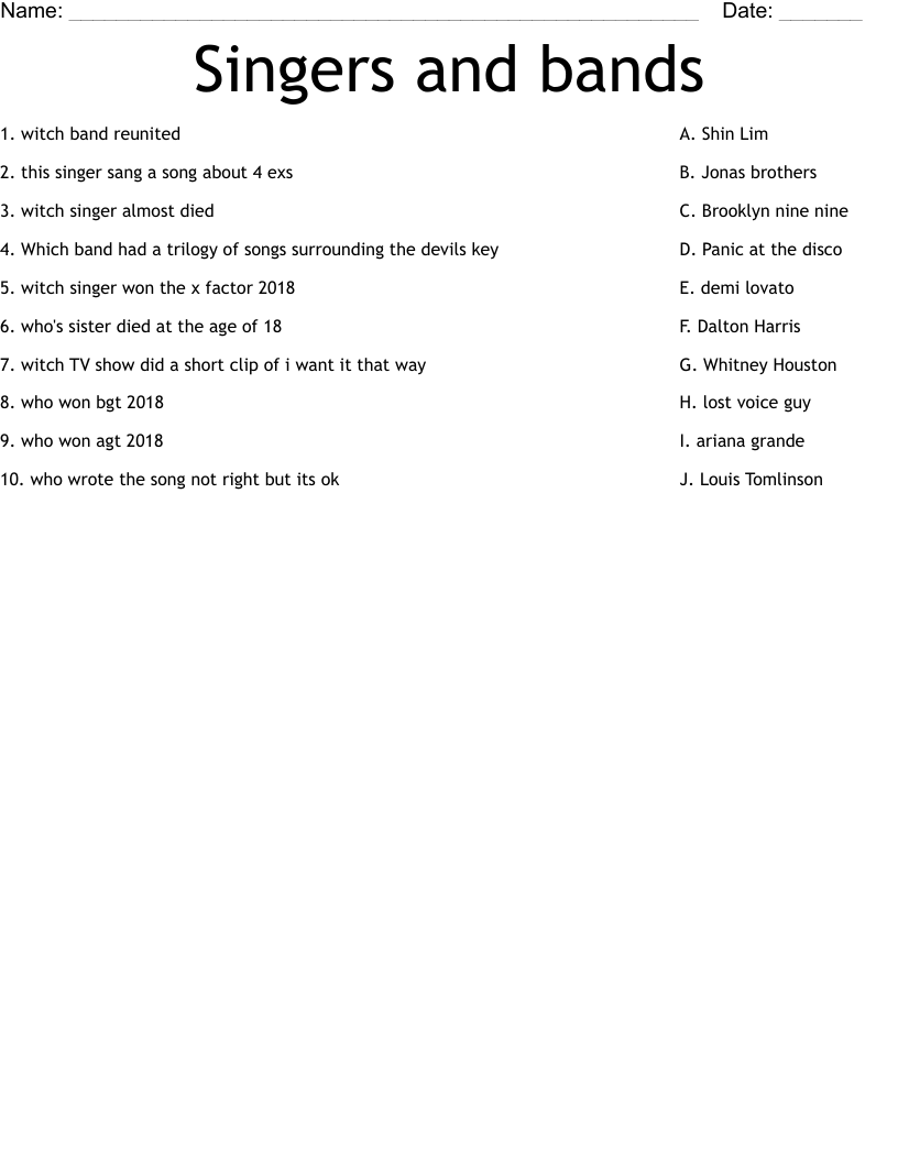 Singers and bands  Worksheet