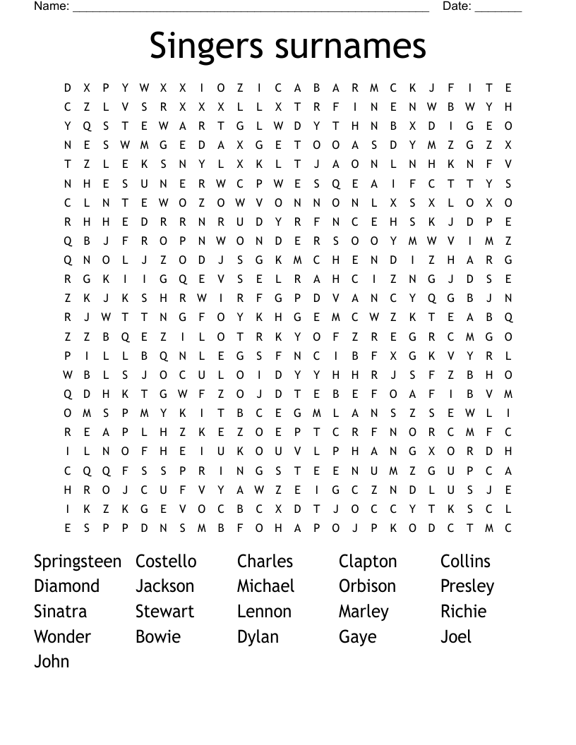 Singers surnames Word Search