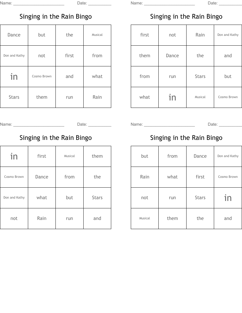 Singing in the Rain Bingo