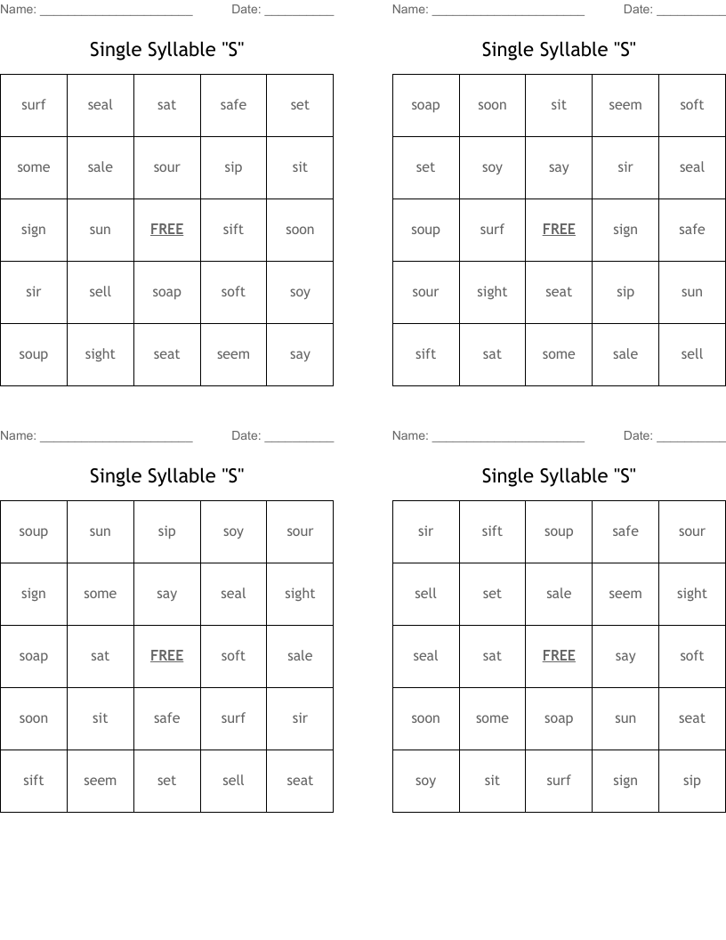 Single Syllable "S" Bingo Cards