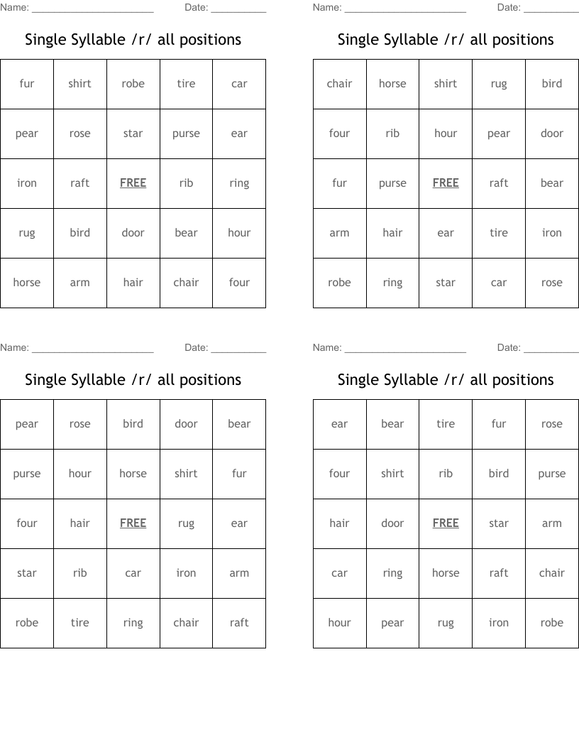 Single Syllable /r/ all positions Bingo Cards