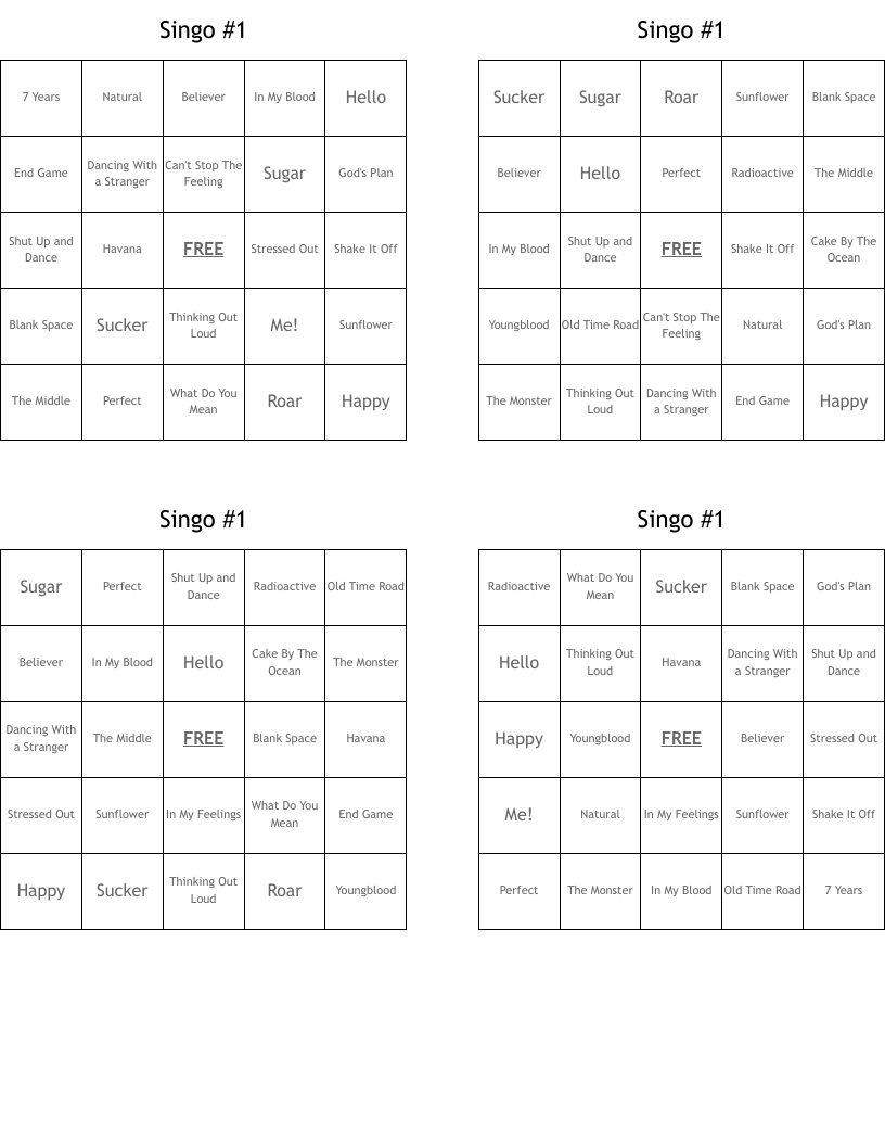 Singo #1  Bingo Cards
