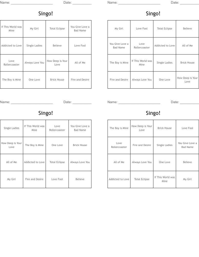 Singo! Bingo Cards