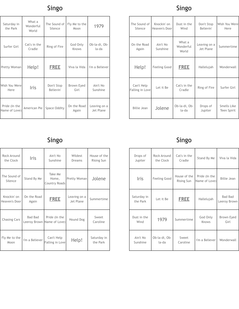 Singo Bingo Cards
