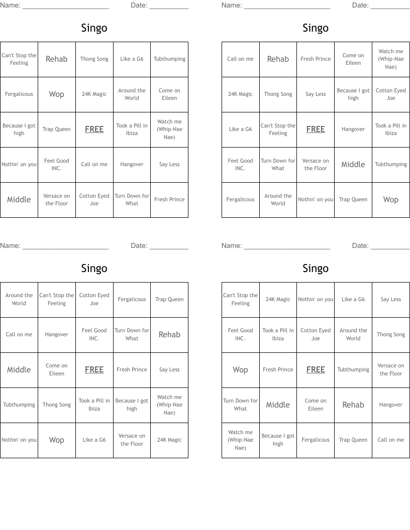 Singo Bingo Cards