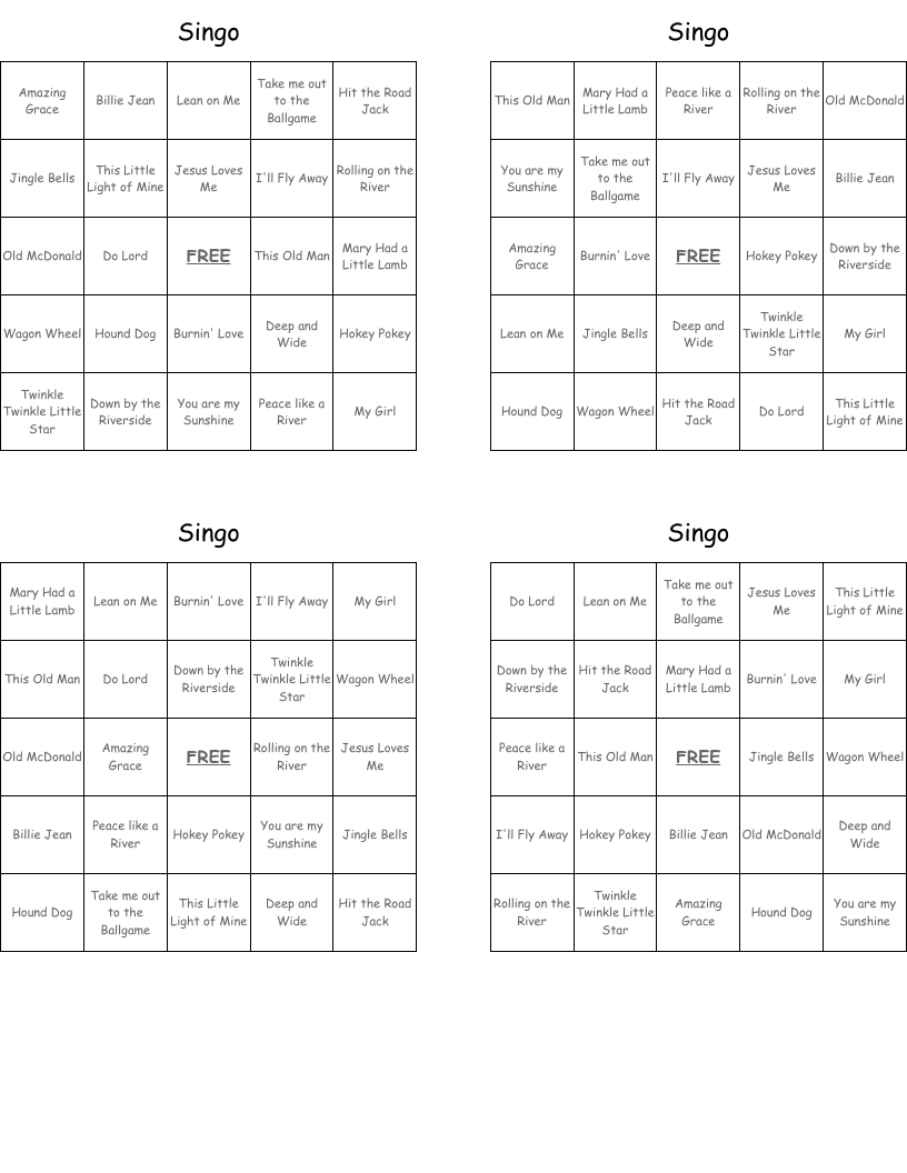 Singo Bingo Cards