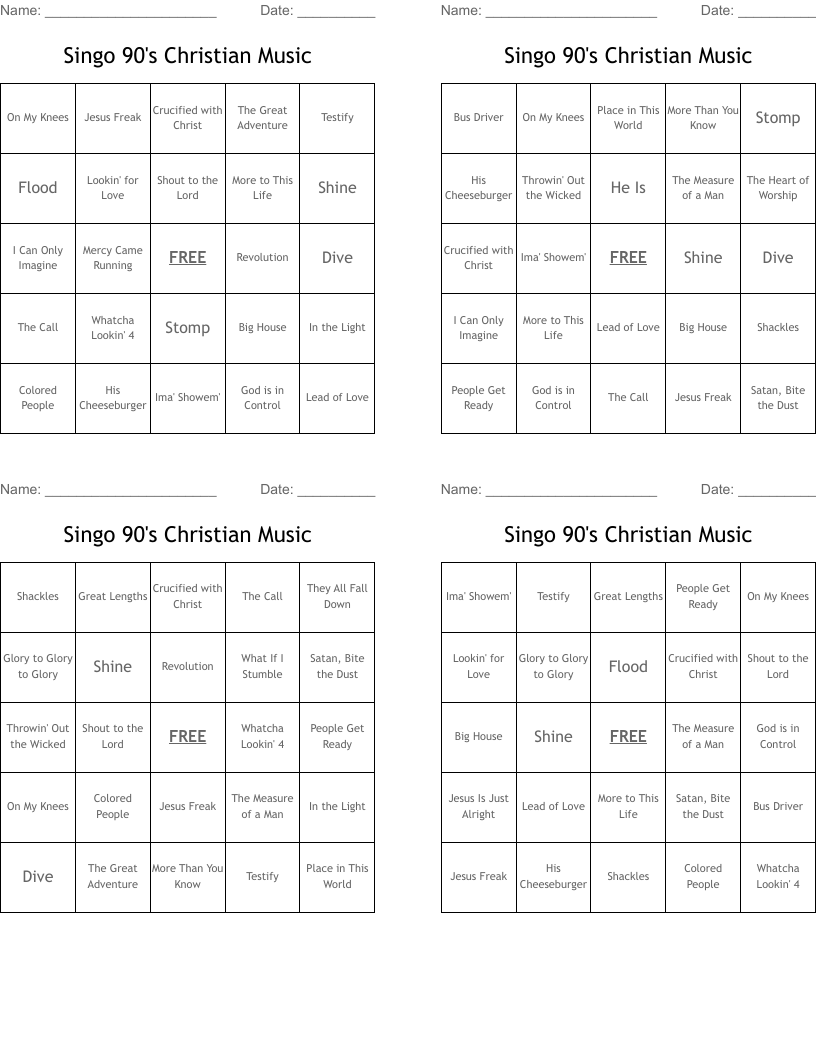 Singo 90's Christian Music Bingo Cards