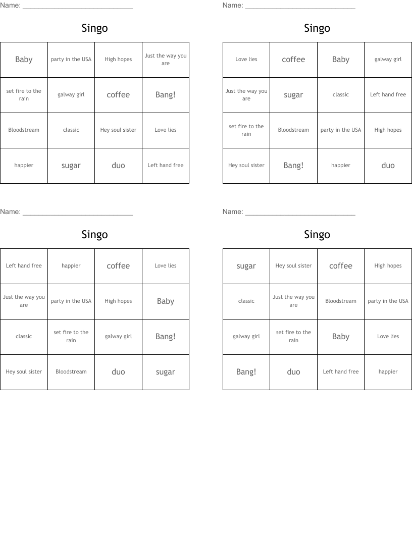 Singo  Bingo Cards